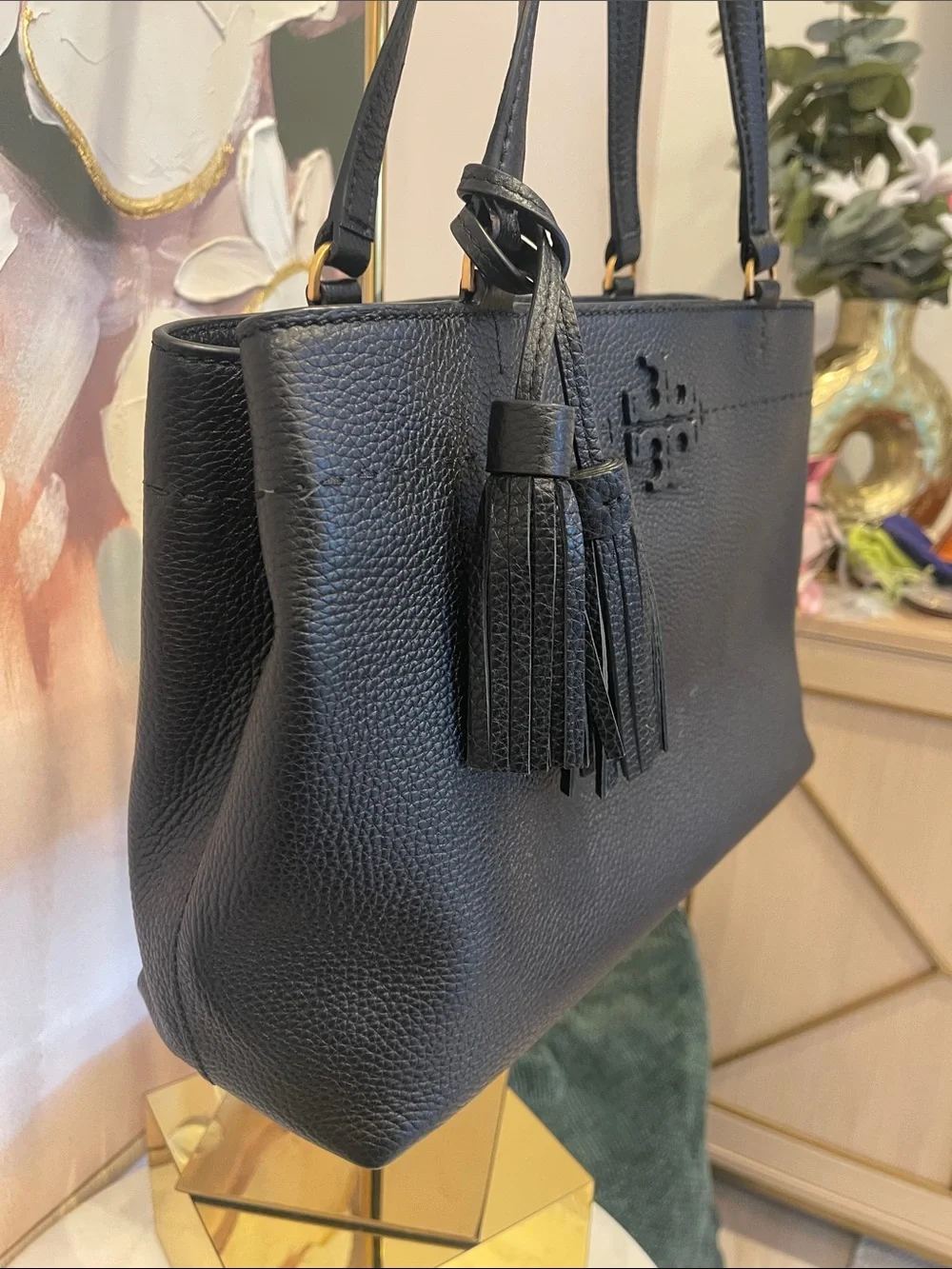 Tory Burch Black Pebbled Leather Tote with Tassels - Picture 3 of 7